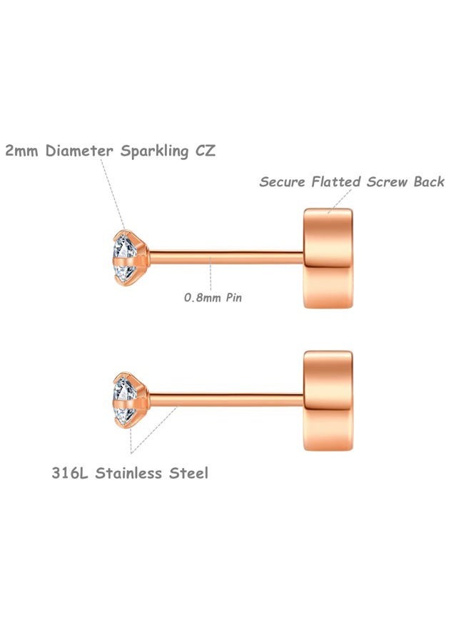 FOSIR 8 Pairs Tiny Flat Back Earrings for Women Men 14K Gold Plated Surgical Stainless Steel Stud Earrings Hypoallergenic Cubic Zirconia Studs Cartilage Earrings 2mm 3mm 4mm, 2mm, Stainless Steel - Image 2