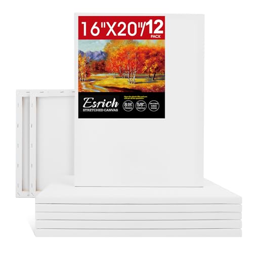 ESRICH Stretched Canvas for Painting 16x20 Inch, 12Pack Large Canvas for Painting, Primed Acid-Free Cotton Blank Canvases, Art Paint Canvases for Oil Paint,Watercolor,Acrylic Paint,Gouache and Tempera - Image 1