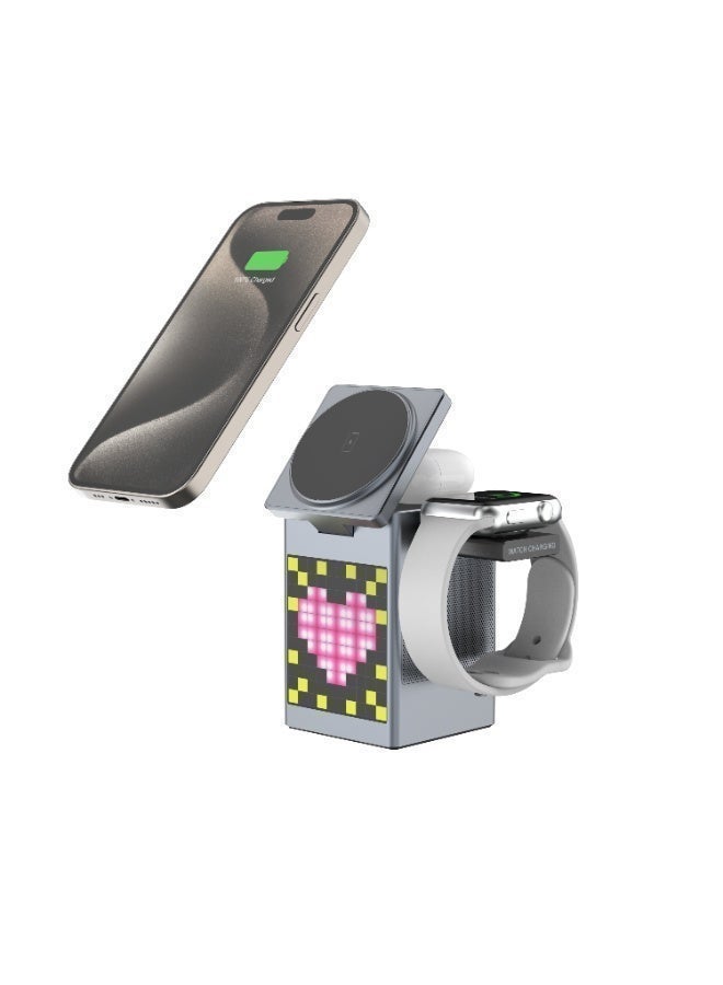 شاحن لاسلكي مغناطيسي 3 في 1 مع مكبر صوت بلوتوث وساعة بيكسل RGB ومنبه – قاعدة شحن سريعة لهواتف iPhone وساعة وAirPods - Image 1