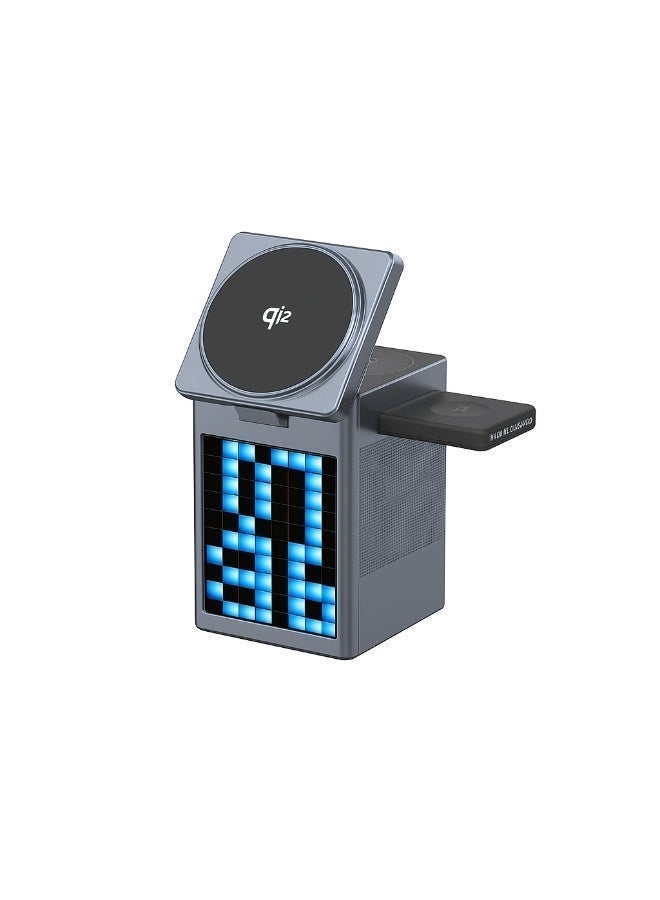 شاحن لاسلكي مغناطيسي 3 في 1 مع مكبر صوت بلوتوث وساعة بيكسل RGB ومنبه – قاعدة شحن سريعة لهواتف iPhone وساعة وAirPods - Image 2