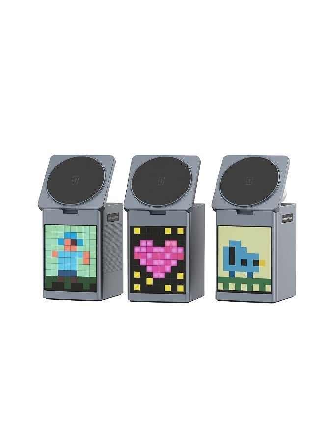 شاحن لاسلكي مغناطيسي 3 في 1 مع مكبر صوت بلوتوث وساعة بيكسل RGB ومنبه – قاعدة شحن سريعة لهواتف iPhone وساعة وAirPods - Image 4