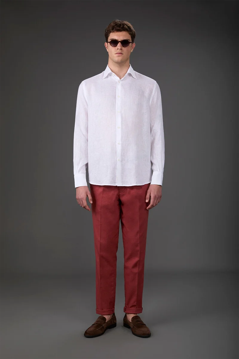 Men's casual shirt with classic collar, 100% linen - White
