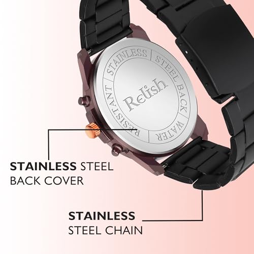 Relish Brown Metallic Case, Black Dial, Sleek Quartz Movement, and Premium Black Metal Chain Wrist Watch for Men & Boys - Image 5