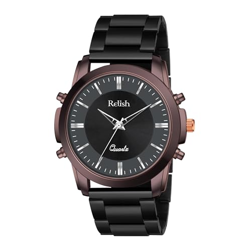 Relish Brown Metallic Case, Black Dial, Sleek Quartz Movement, and Premium Black Metal Chain Wrist Watch for Men & Boys - Image 1