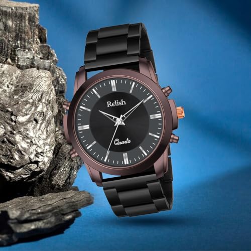 Relish Brown Metallic Case, Black Dial, Sleek Quartz Movement, and Premium Black Metal Chain Wrist Watch for Men & Boys - Image 2