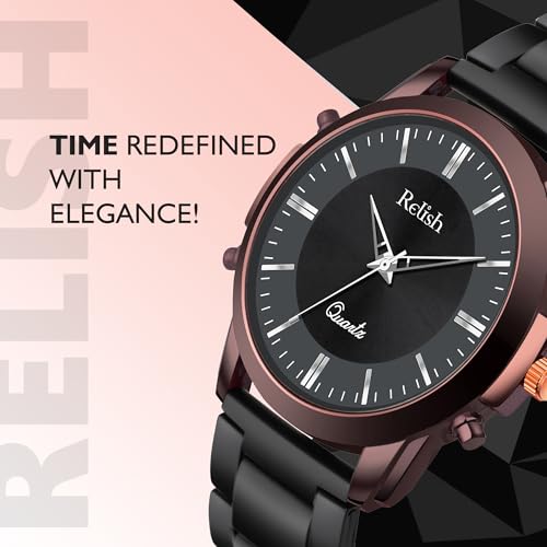 Relish Brown Metallic Case, Black Dial, Sleek Quartz Movement, and Premium Black Metal Chain Wrist Watch for Men & Boys - Image 3