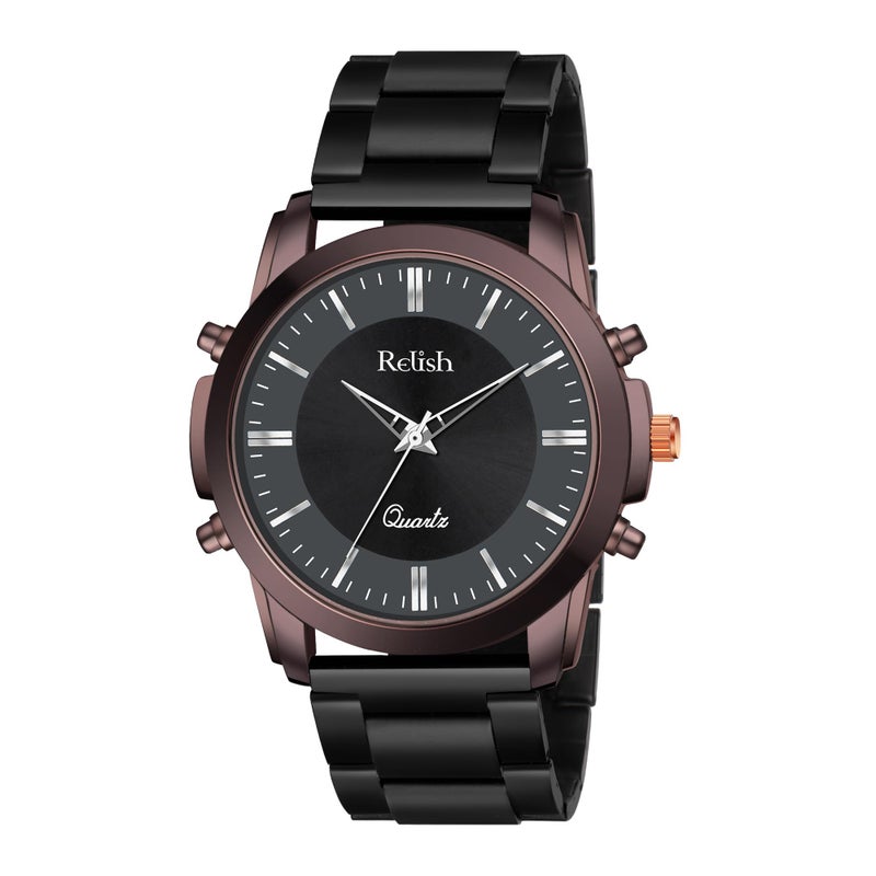 Relish Brown Metallic Case, Black Dial, Sleek Quartz Movement, and Premium Black Metal Chain Wrist Watch for Men & Boys - Image 4