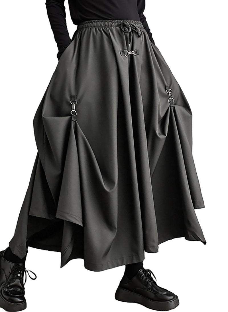 ellazhu Women's Oversized Irregular Drop Crotch Harem Hakama Pleated Drawstring Pants GZ116 Grey - Image 1