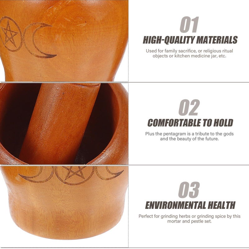 Natural Wooden Mortar and Pestle Set Pentagram Design Triple Symbol Spice Masher Kitchen Grinder - Image 4