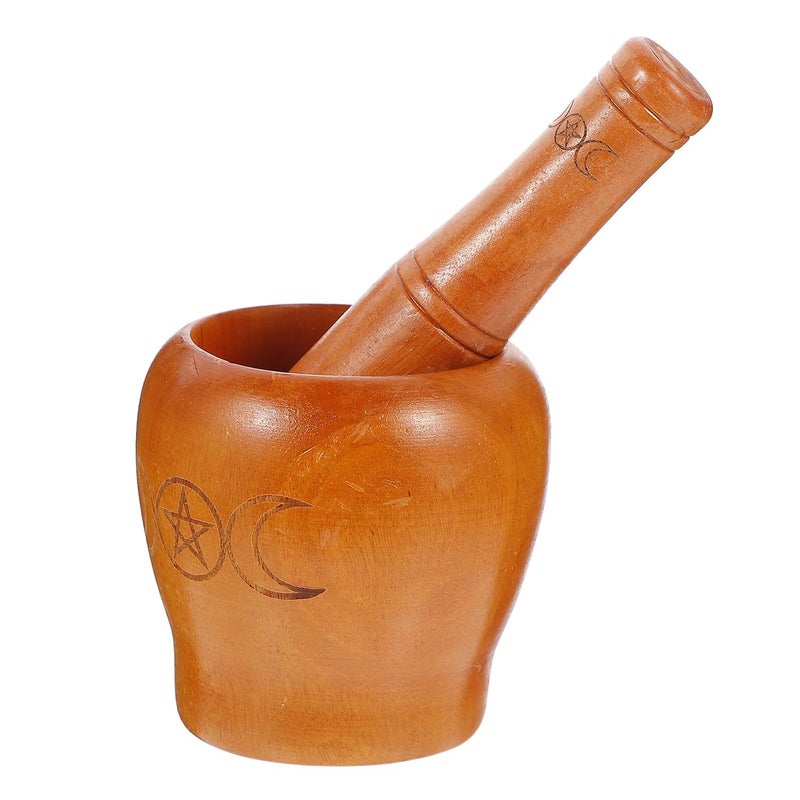 Natural Wooden Mortar and Pestle Set Pentagram Design Triple Symbol Spice Masher Kitchen Grinder - Image 2