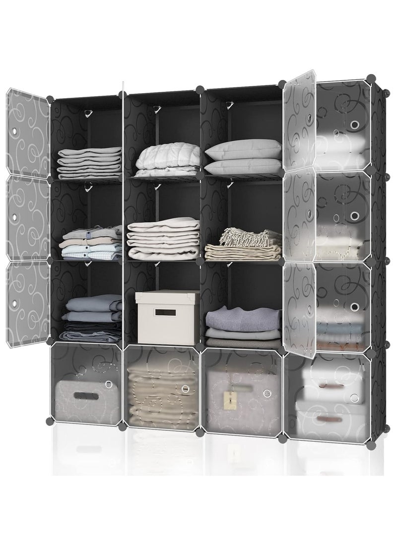 CityRiya-Long Portable Wardrobe Storage Cabinets Cube Storage Organizer 16 Cube Closet Organizer with Doors 12" × 12" Modular Bookshelves Plastic Stackable Cubes Cabinet Wardrobe for Bedroom Home  - Image 1