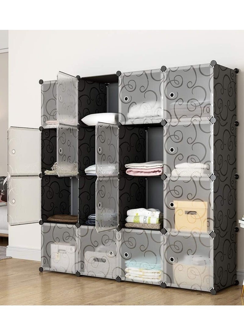 CityRiya-Long Portable Wardrobe Storage Cabinets Cube Storage Organizer 16 Cube Closet Organizer with Doors 12" × 12" Modular Bookshelves Plastic Stackable Cubes Cabinet Wardrobe for Bedroom Home  - Image 2