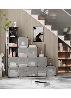 CityRiya-Long Portable Wardrobe Storage Cabinets Cube Storage Organizer 16 Cube Closet Organizer with Doors 12" × 12" Modular Bookshelves Plastic Stackable Cubes Cabinet Wardrobe for Bedroom Home  - Image 3