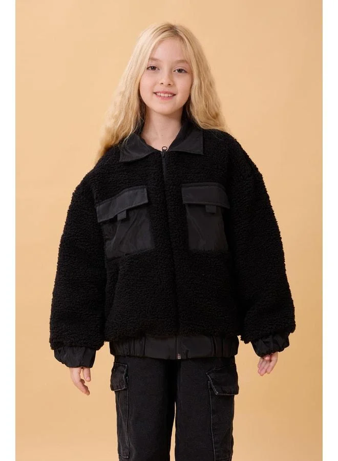 Perendi Girl's Shirt-Collar Pocket Plush Winter Coat – Black