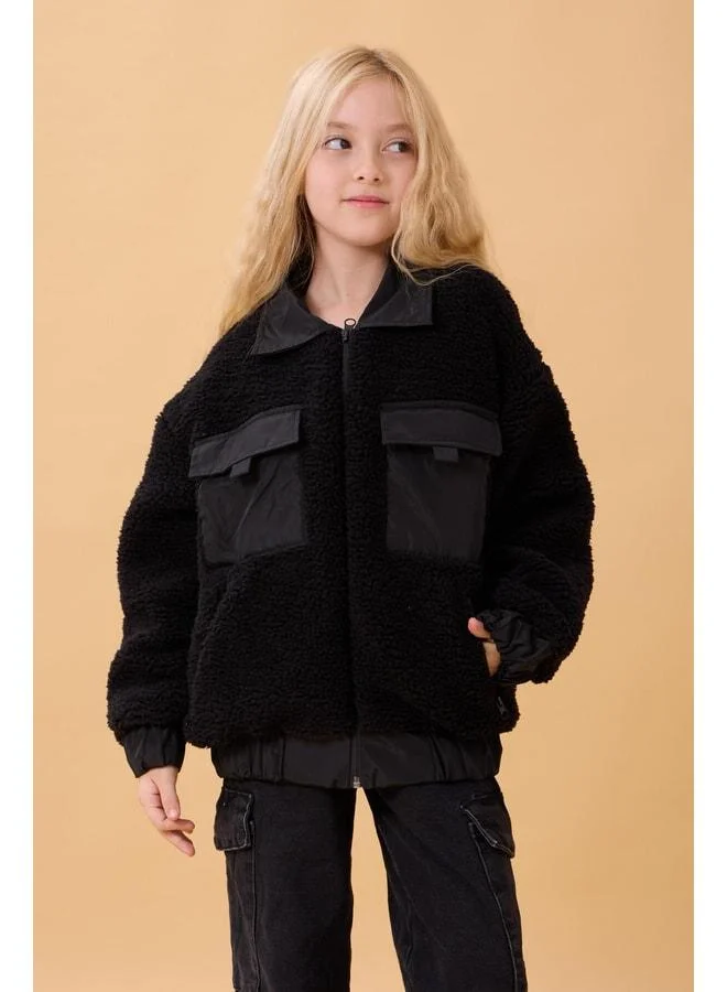 Perendi Girl's Shirt-Collar Pocket Plush Winter Coat – Black