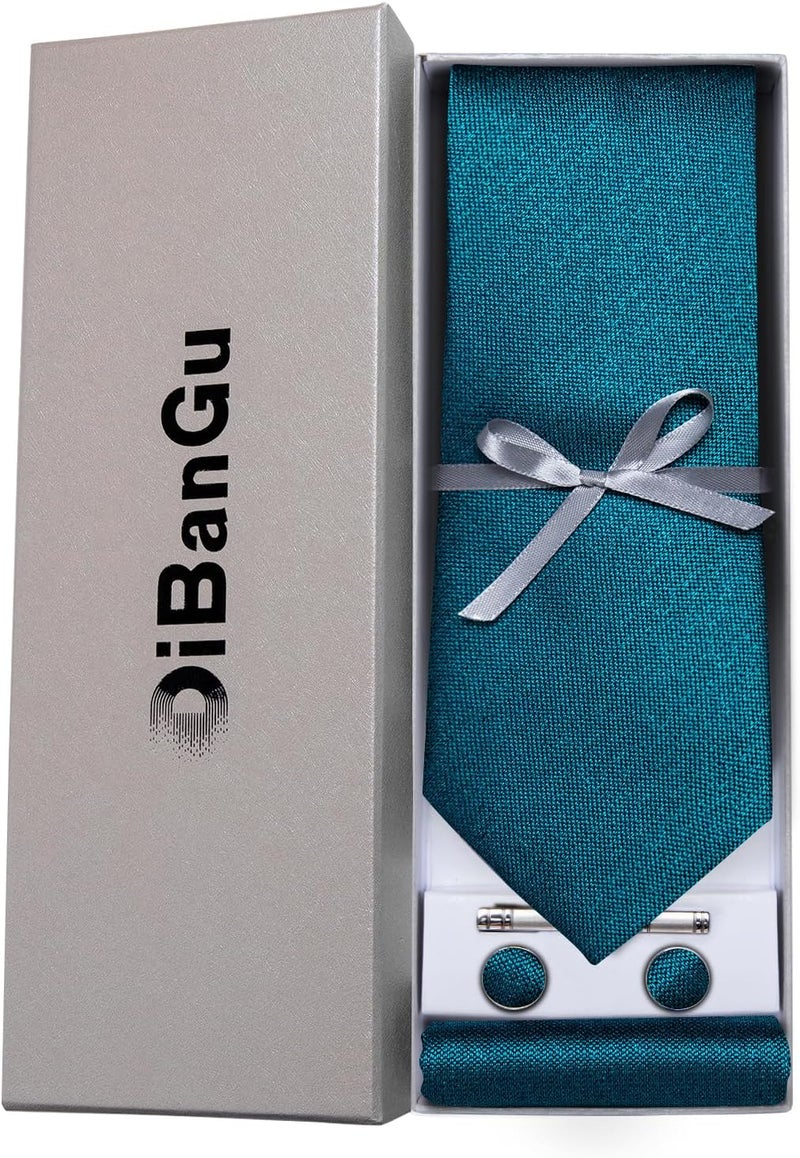 DiBanGu Mens Silk Necktie Solid Color Tie and Pocket Square Cufflink Tie Clip Set Woven Plain Ties for Men Wedding Party - Image 4