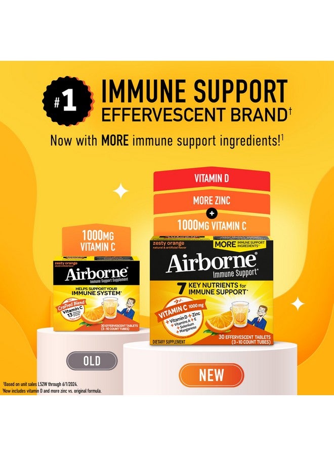 Airborne 1000mg Vitamin C with Zinc, SUGAR FREE Effervescent Tablets, Immune Support Supplement with Powerful Antioxidants Vitamins A C & E - 30 Fizzy Drink Tablets, Zesty Orange Flavor