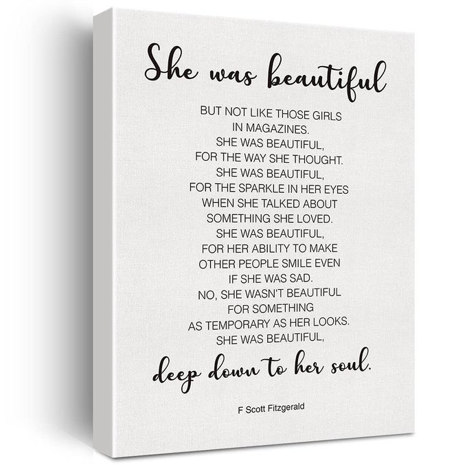INSPIRATIONAL WALL DECOR SHE WAS BEAUTIFUL F SCOTT FITZGERALD QUOTE CANVAS PAINTING PRINTS FOR HOME DINING ROOM LIVING ROOM WALL DECOR FRAMED ARTWORK GIFTS12X15 INCH