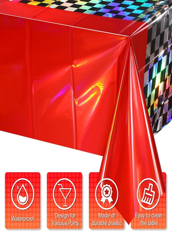 FunnyPars 3Pack Iridescent Race Car Plastic Tablecloth, Disposable Shiny Laser Red and Black Checkered Table Cloth, Holographic Foil Rectangle Tablecloth for Race Car Boys Birthday Party Decorations, 54x108Inch - Image 3