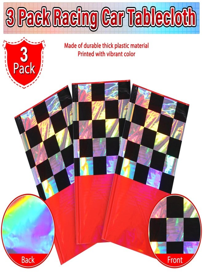 FunnyPars 3Pack Iridescent Race Car Plastic Tablecloth, Disposable Shiny Laser Red and Black Checkered Table Cloth, Holographic Foil Rectangle Tablecloth for Race Car Boys Birthday Party Decorations, 54x108Inch - Image 4