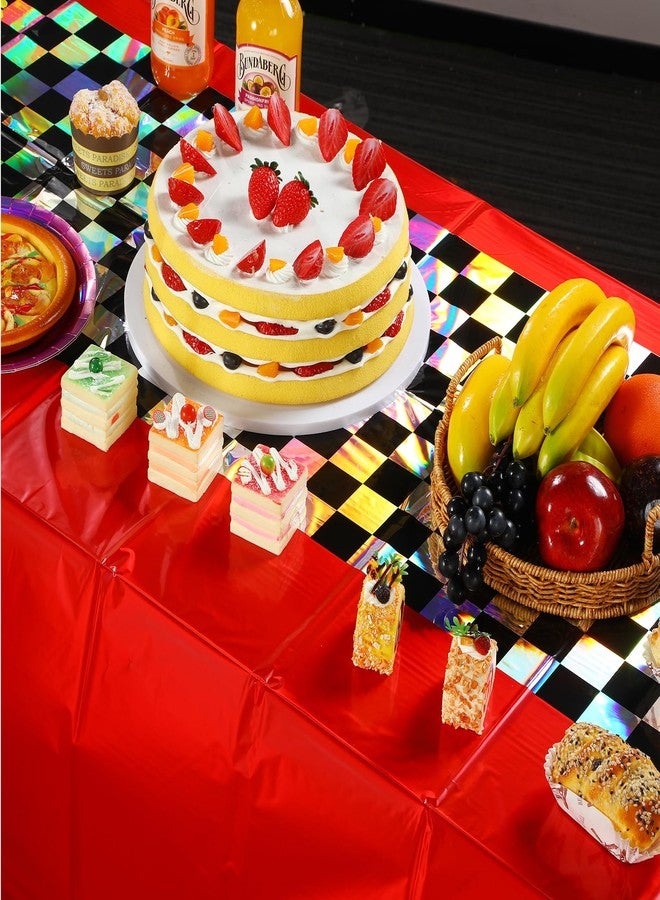FunnyPars 3Pack Iridescent Race Car Plastic Tablecloth, Disposable Shiny Laser Red and Black Checkered Table Cloth, Holographic Foil Rectangle Tablecloth for Race Car Boys Birthday Party Decorations, 54x108Inch - Image 5