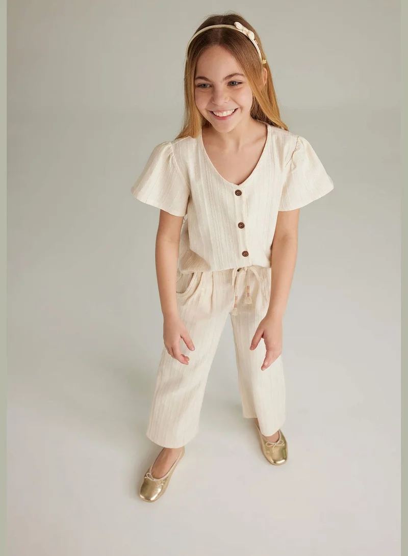 ديفاكتو Girl V Neck Woven Short Sleeve Blouse