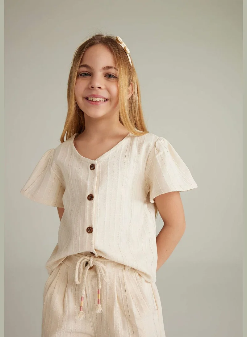 ديفاكتو Girl V Neck Woven Short Sleeve Blouse