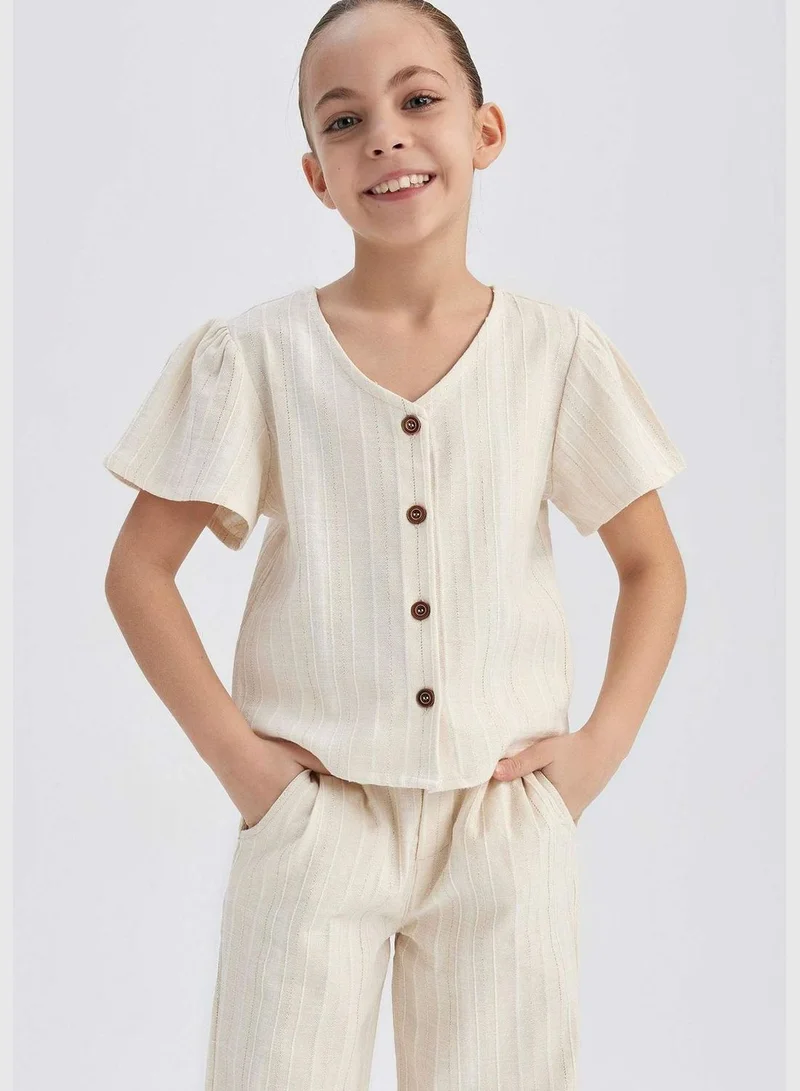 ديفاكتو Girl V Neck Woven Short Sleeve Blouse