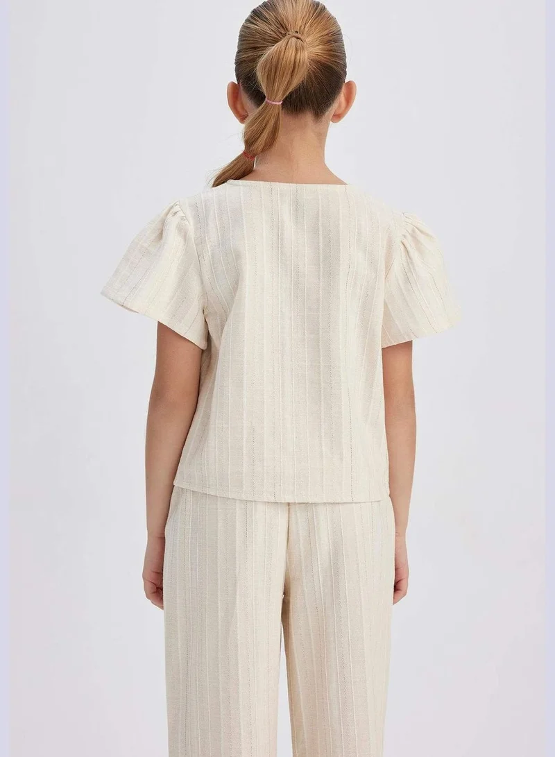 ديفاكتو Girl V Neck Woven Short Sleeve Blouse