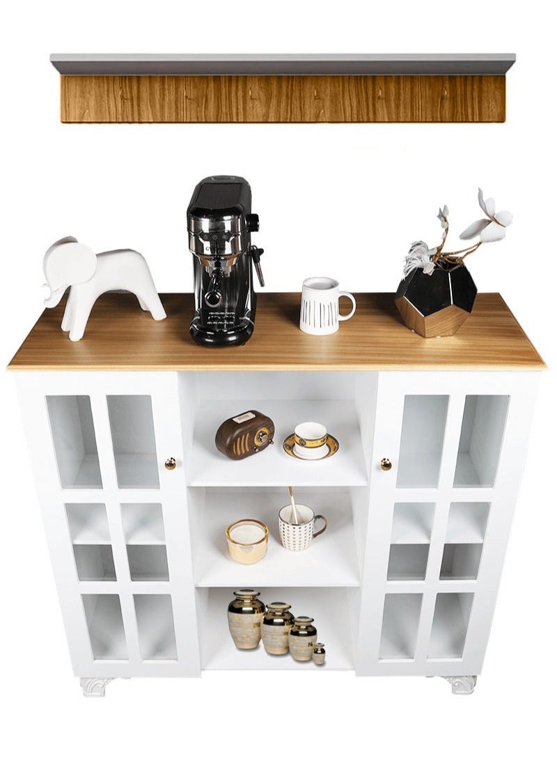 AGD Multipurpose Coffee Cabinet, Wide Wooden Top, Open Shelves, Glass Window Doors with Wooden Spice Rack and Cup Hanging, Perfect for Living Room, Kitchen, Office in White  - Image 1
