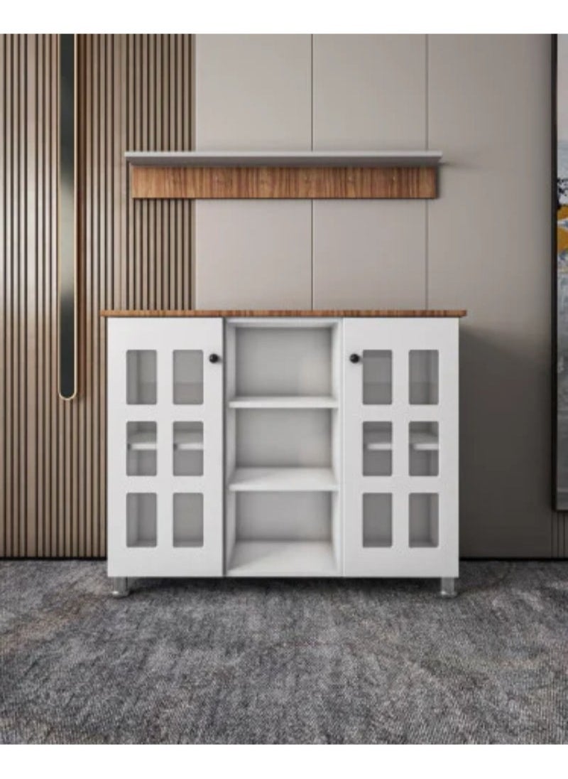 AGD Multipurpose Coffee Cabinet, Wide Wooden Top, Open Shelves, Glass Window Doors with Wooden Spice Rack and Cup Hanging, Perfect for Living Room, Kitchen, Office in White  - Image 4