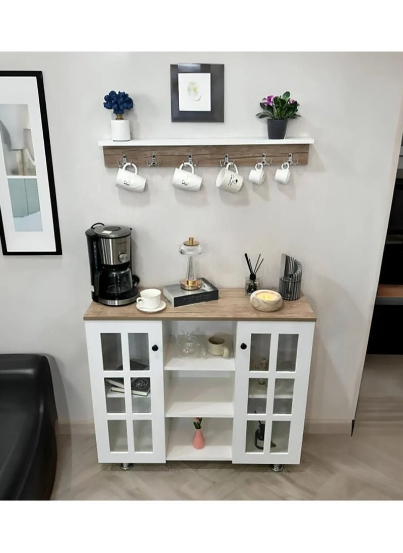 AGD Multipurpose Coffee Cabinet, Wide Wooden Top, Open Shelves, Glass Window Doors with Wooden Spice Rack and Cup Hanging, Perfect for Living Room, Kitchen, Office in White  - Image 2