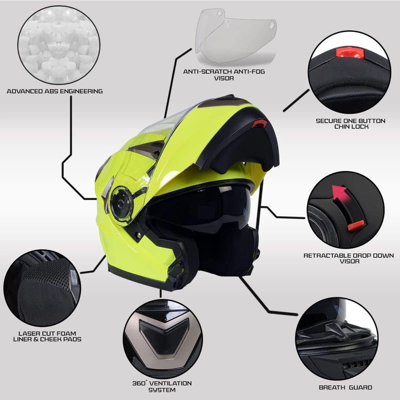 Milwaukee Helmets MPH9809DOT Ionized Neon Yellow Advanced Motorcycle Modular Helmet with Drop Down Visor - Medium - Image 2
