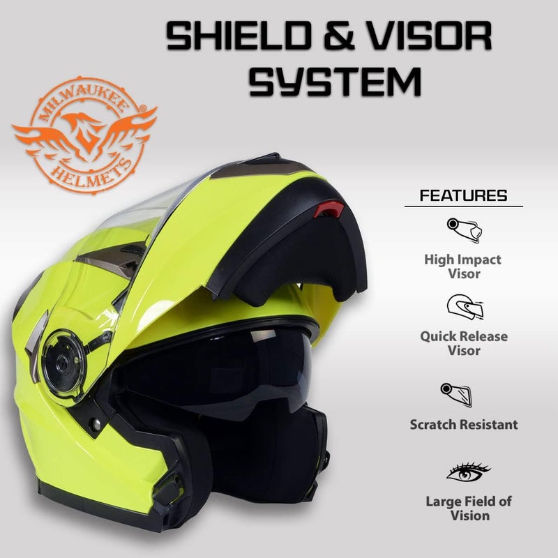 Milwaukee Helmets MPH9809DOT Ionized Neon Yellow Advanced Motorcycle Modular Helmet with Drop Down Visor - Medium - Image 5