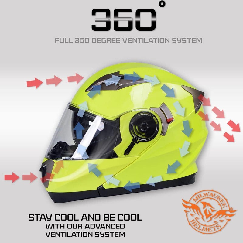 Milwaukee Helmets MPH9809DOT Ionized Neon Yellow Advanced Motorcycle Modular Helmet with Drop Down Visor - Medium - Image 4