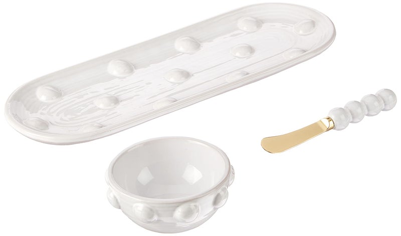 Mud Pie Dotted Set Size tray 5 x 14  dip 2 x 4 14 dia  spreader 6 12 White