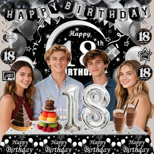 Halema 18th Birthday Decorations for Boys Black White Happy 18th Birthday Decorations for Boy 18 Year Old Birthday Decor with 18th Bday Banner Balloons Tablecloth Backdrop 18 Years Party Supplies for Boys - Image 5