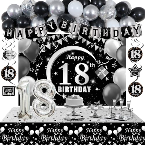 Halema 18th Birthday Decorations for Boys Black White Happy 18th Birthday Decorations for Boy 18 Year Old Birthday Decor with 18th Bday Banner Balloons Tablecloth Backdrop 18 Years Party Supplies for Boys - Image 1