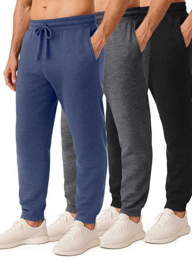 REALESSENTIALS Mens Joggers Sweatpants Fleece Pants Active Jogger Sports Athletic Training Track Gym Running Workout Fit Tapered Casual French Terry Quick Dry Fit Pockets Bottom, Set 3, L, Pack of 3 - Image 1