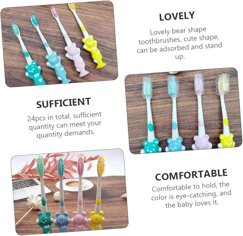 Bamboo Charcoal Toothbrush Set 24pcs Bear Shaped Soft Bristles For Kids Pink Green Blue Yellow - Image 4