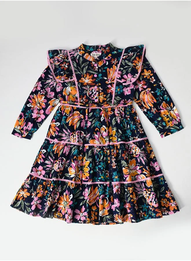 بيلا مودا Bella Moda All-Over Floral Print Ruffle Trim Tiered Dress with 3/4th Sleeves