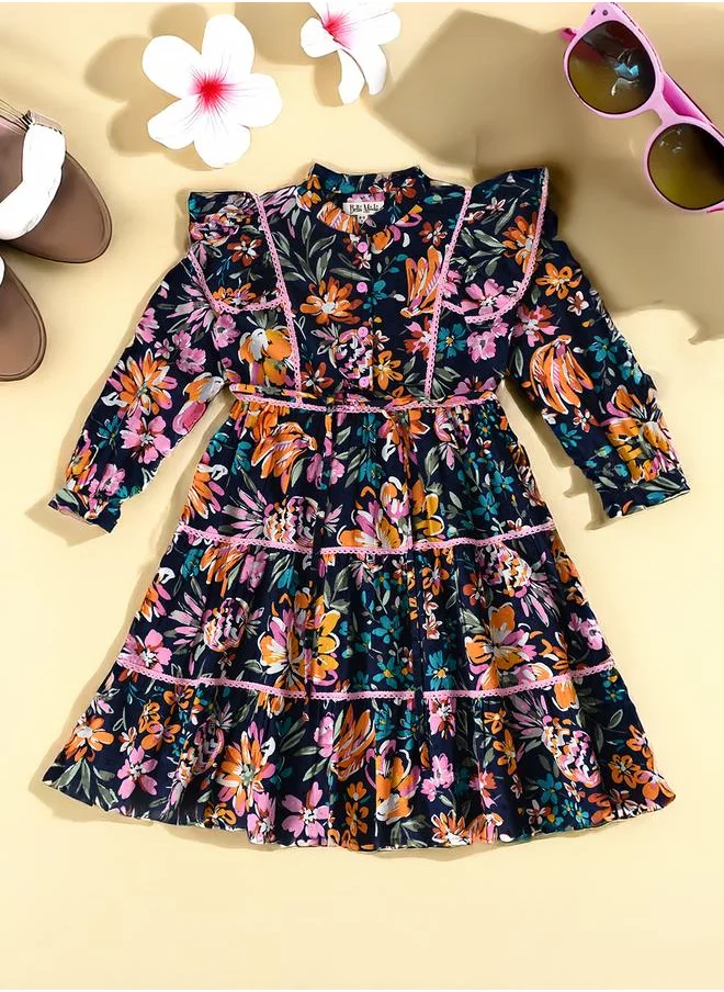 بيلا مودا Bella Moda All-Over Floral Print Ruffle Trim Tiered Dress with 3/4th Sleeves