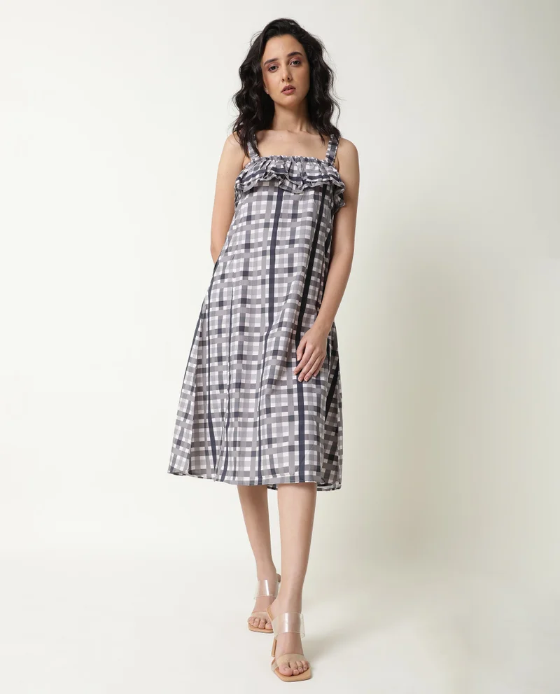 Rareism Women's Checked Strappy Ruffled Neck A Line Midi Dress