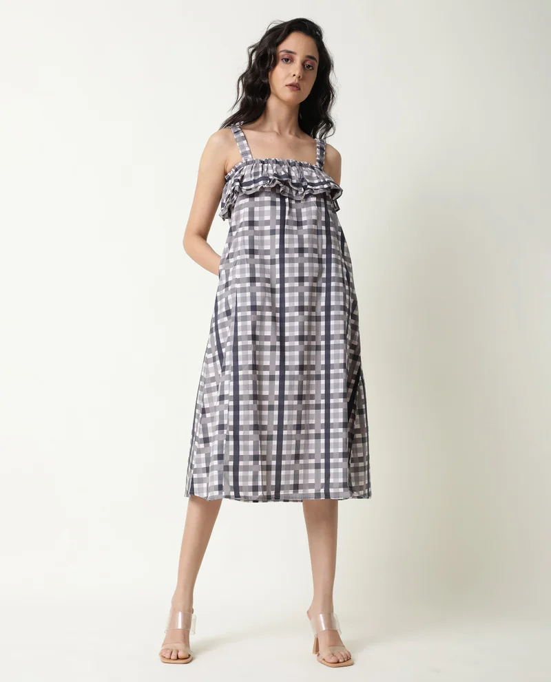 Rareism Women's Checked Strappy Ruffled Neck A Line Midi Dress