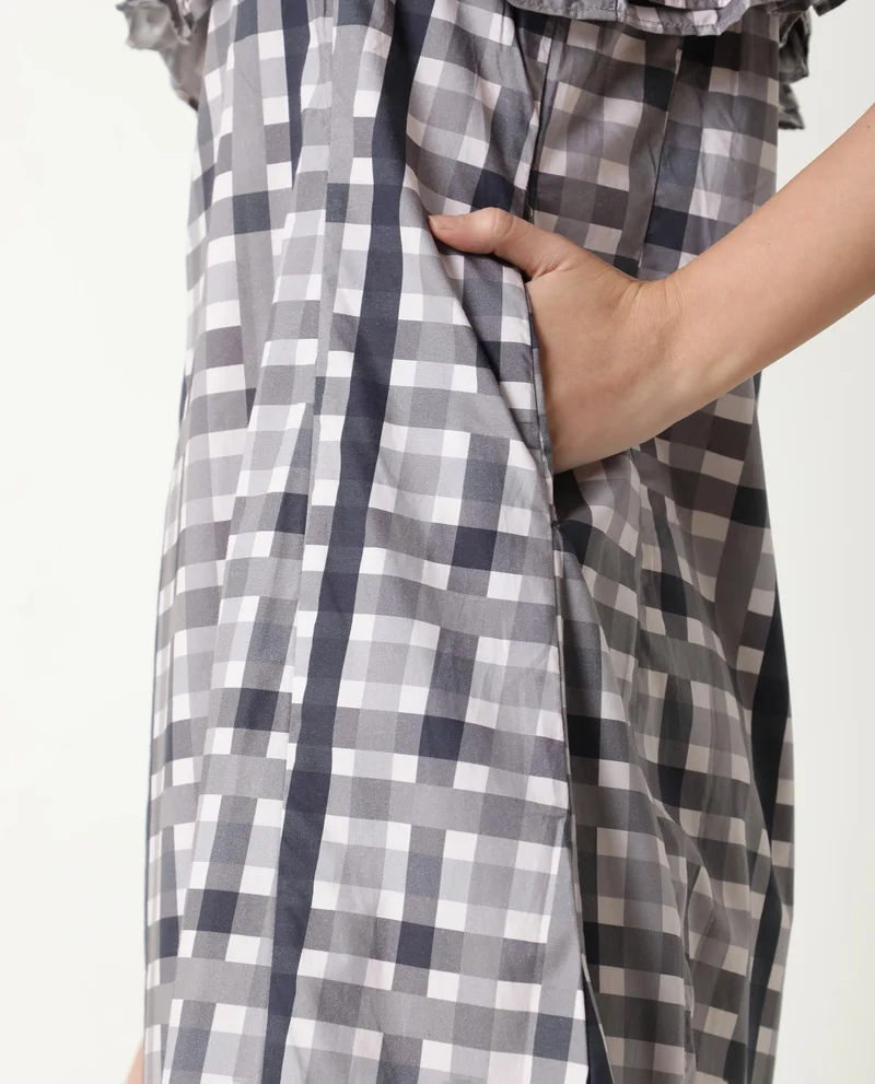 Rareism Women's Checked Strappy Ruffled Neck A Line Midi Dress