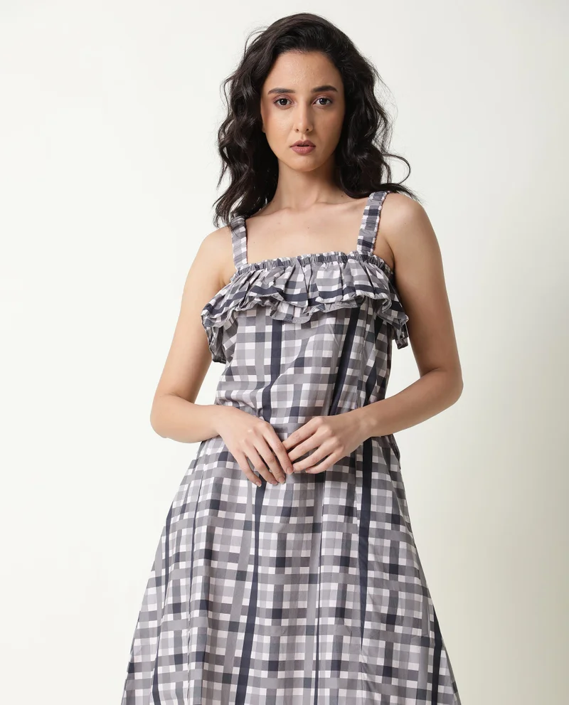 Rareism Women's Checked Strappy Ruffled Neck A Line Midi Dress