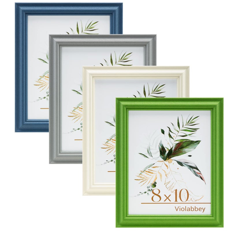 VIOLABBEY 8x10 Picture Frame Set of 4  8 x 10 Picture/Photo Frame for Wall Mounted or Tabletop Display  Real Glass  Family Friends Gift (Green+White+Grey+Blue) - Image 1