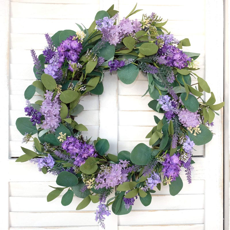 idyllic 18â€Artificial Flower Eucalyptus Leaves Wreath Rustic Farmhouse Decorative Floral Wreath for Front Door Window Wedding Spring, Purple - Image 2