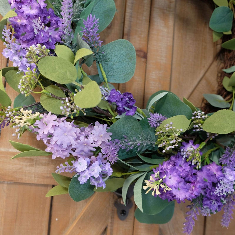 idyllic 18â€Artificial Flower Eucalyptus Leaves Wreath Rustic Farmhouse Decorative Floral Wreath for Front Door Window Wedding Spring, Purple - Image 5