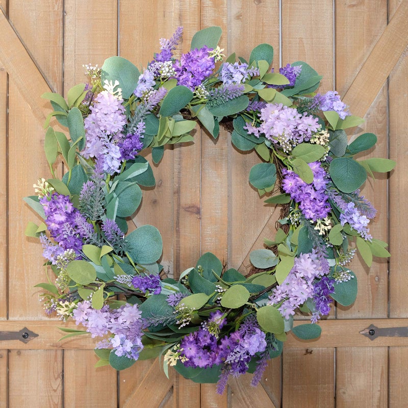 idyllic 18â€Artificial Flower Eucalyptus Leaves Wreath Rustic Farmhouse Decorative Floral Wreath for Front Door Window Wedding Spring, Purple - Image 4